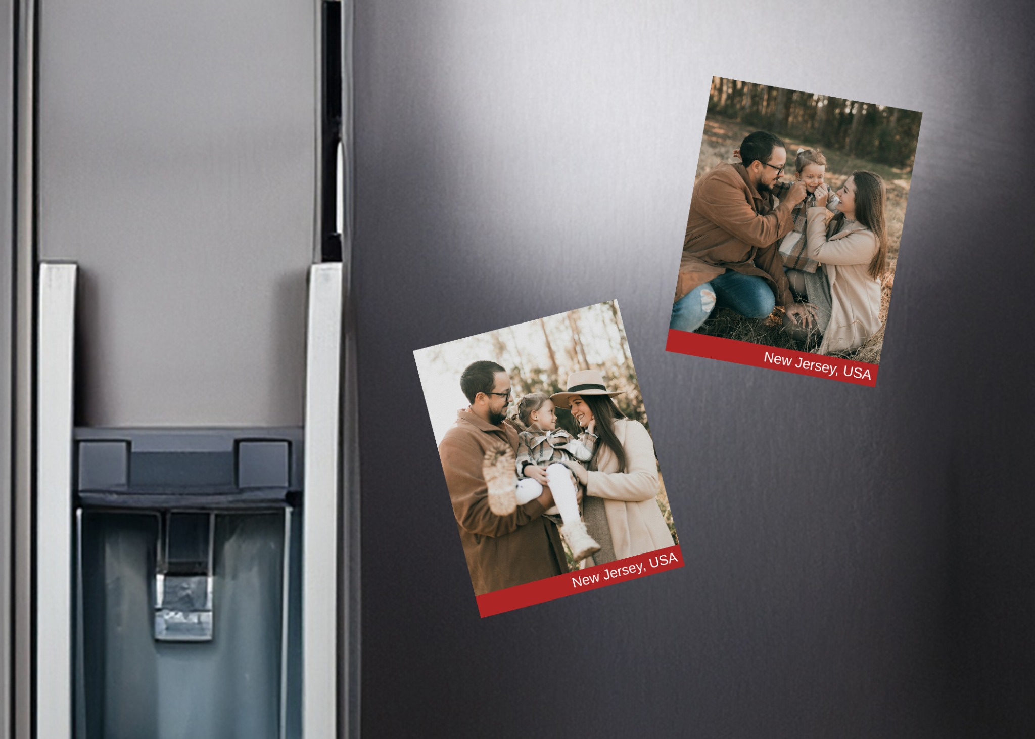 Photo magnets displayed on fridge