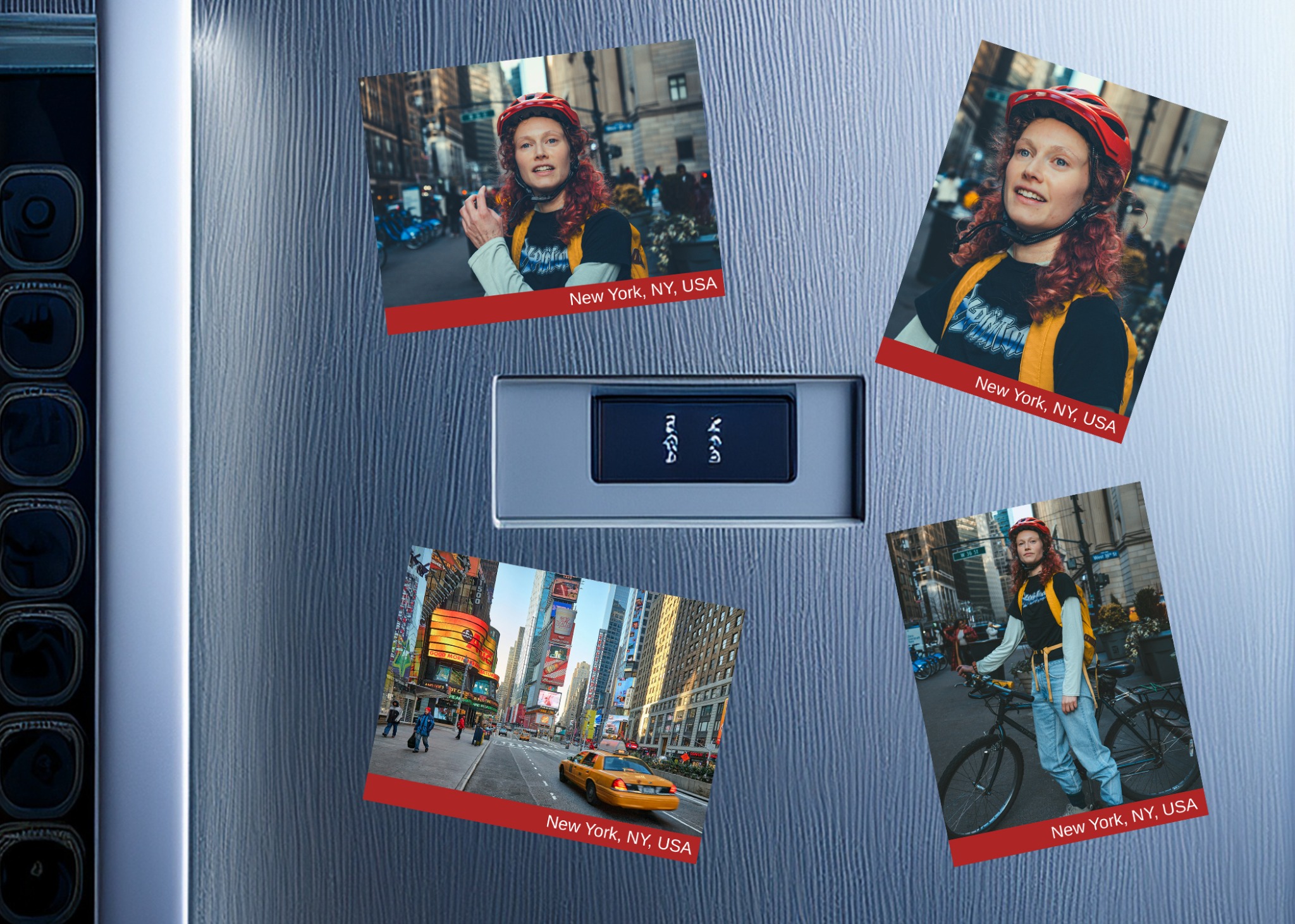 Photo magnets displayed on fridge